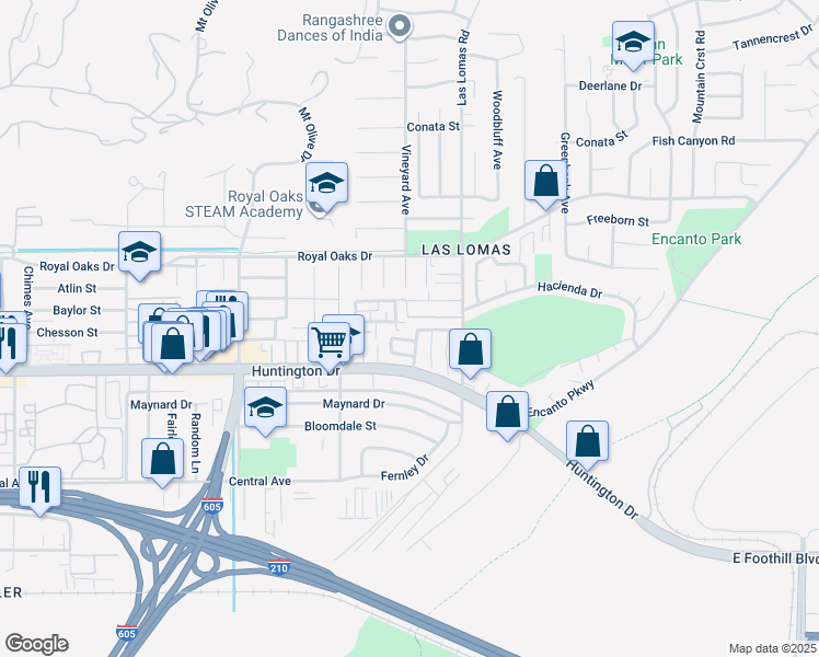 map of restaurants, bars, coffee shops, grocery stores, and more near 2601 Calle Martos in Duarte