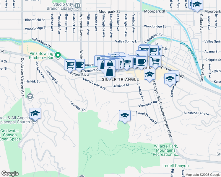 map of restaurants, bars, coffee shops, grocery stores, and more near 12307 Hillslope Street in Los Angeles
