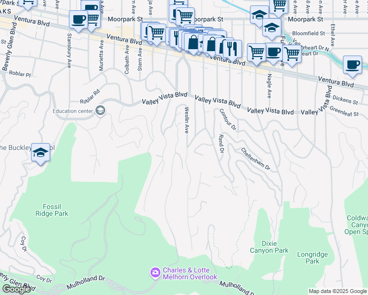 map of restaurants, bars, coffee shops, grocery stores, and more near 3955 Weslin Avenue in Los Angeles