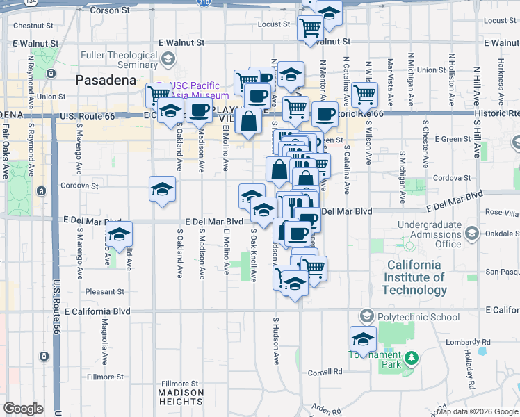 map of restaurants, bars, coffee shops, grocery stores, and more near 278 South Oak Knoll Avenue in Pasadena