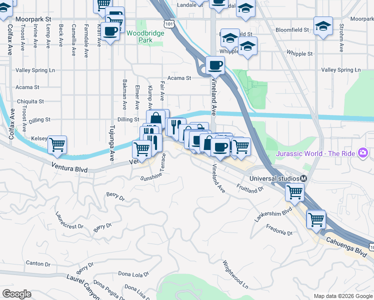 map of restaurants, bars, coffee shops, grocery stores, and more near 11117 Ventura Boulevard in Los Angeles