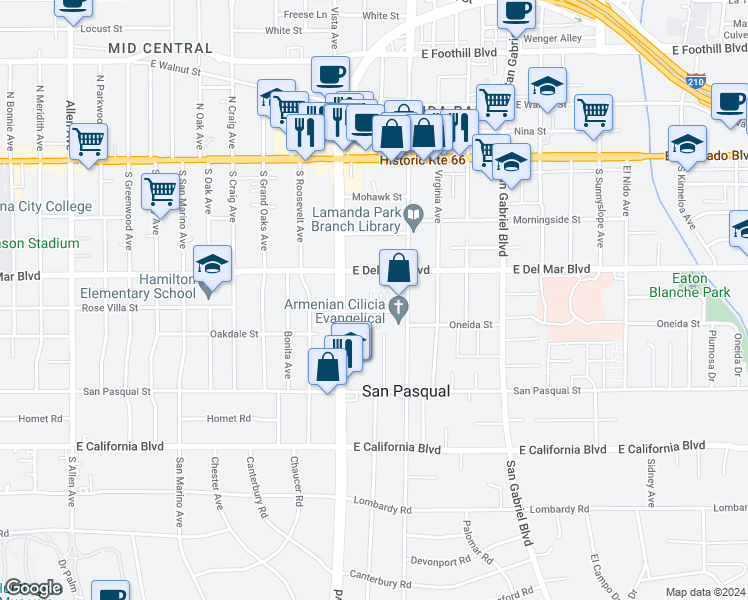 map of restaurants, bars, coffee shops, grocery stores, and more near 2447 Oneida Street in Pasadena