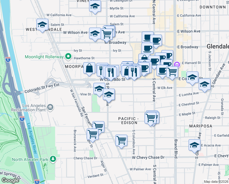 map of restaurants, bars, coffee shops, grocery stores, and more near 459 Vine Street in Glendale