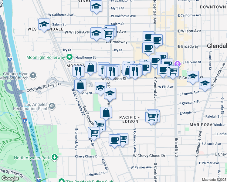 map of restaurants, bars, coffee shops, grocery stores, and more near 463 Vine Street in Glendale