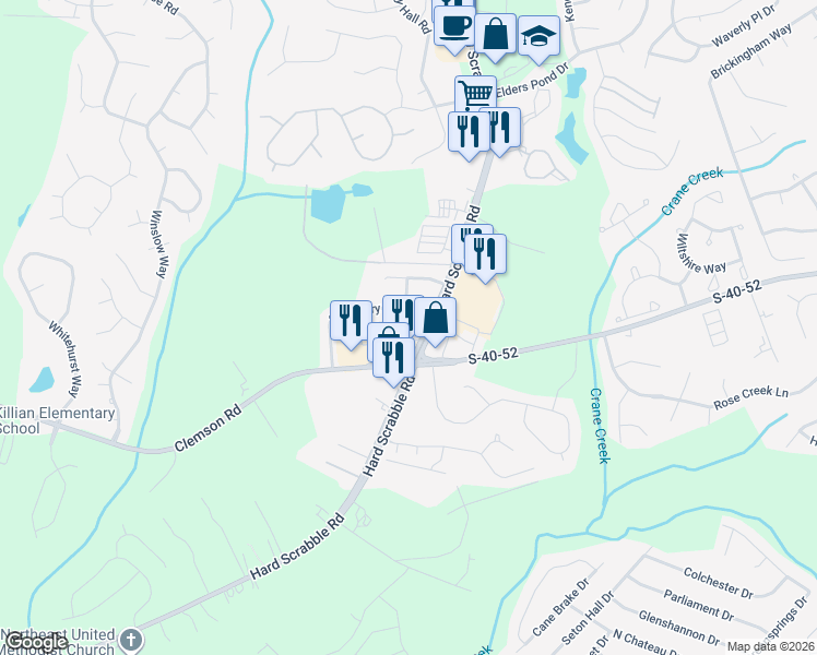 map of restaurants, bars, coffee shops, grocery stores, and more near 4311 HardScrabble Road in Columbia