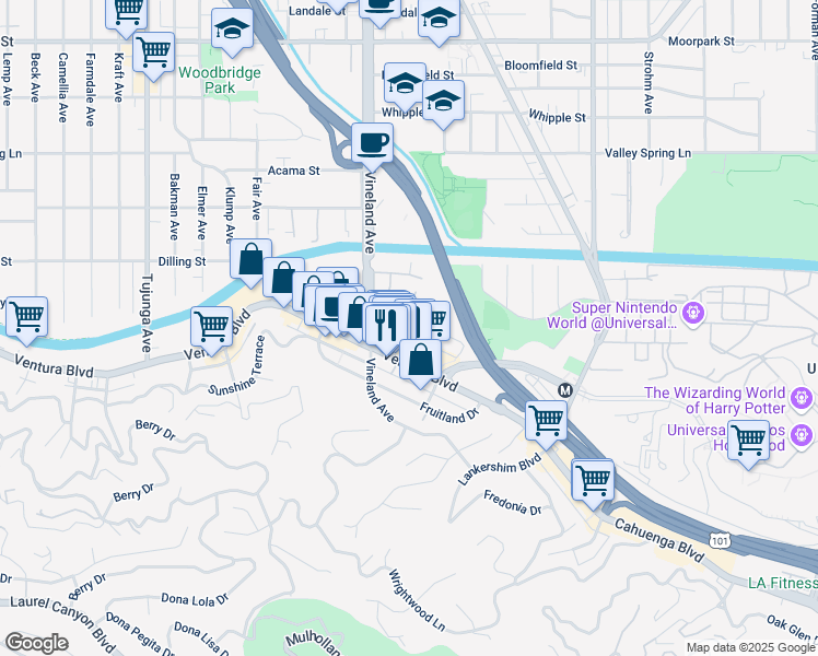 map of restaurants, bars, coffee shops, grocery stores, and more near 10944 Bluffside Dr in Studio City