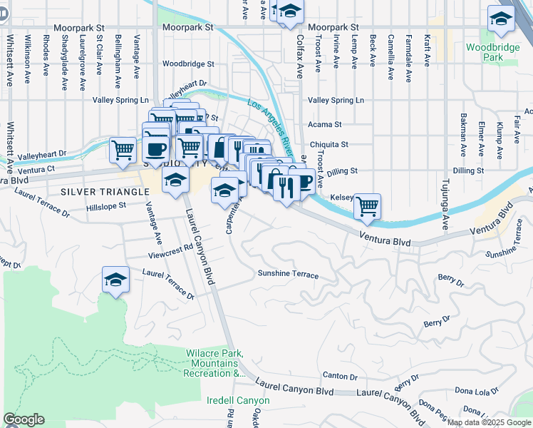 map of restaurants, bars, coffee shops, grocery stores, and more near 11815 Laurelwood Drive in Los Angeles