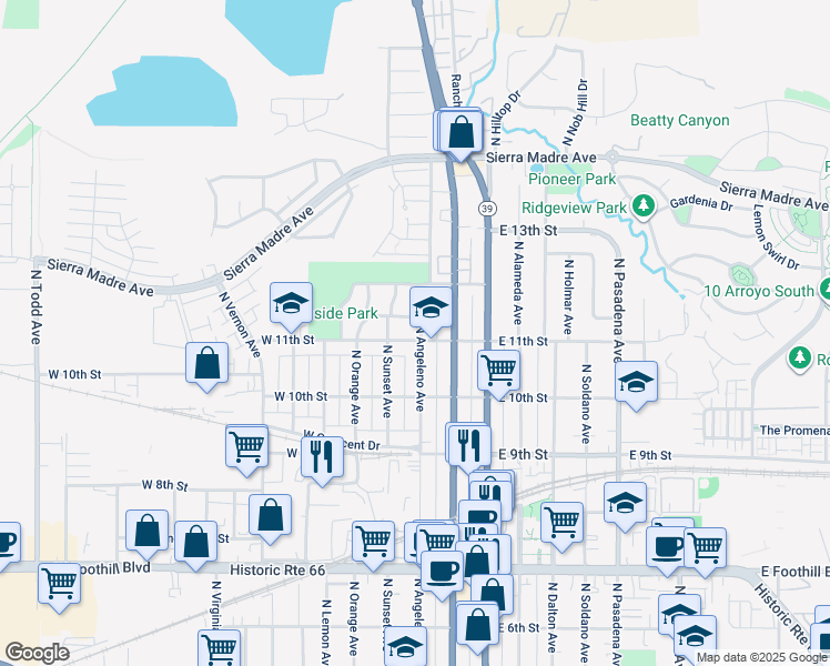 map of restaurants, bars, coffee shops, grocery stores, and more near 307 West 11th Street in Azusa