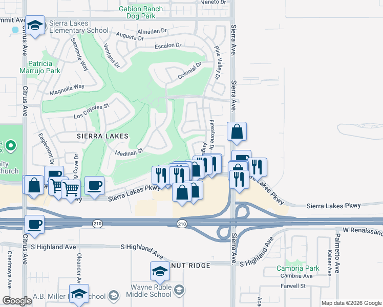 map of restaurants, bars, coffee shops, grocery stores, and more near 6208 Beth Page Drive in Fontana