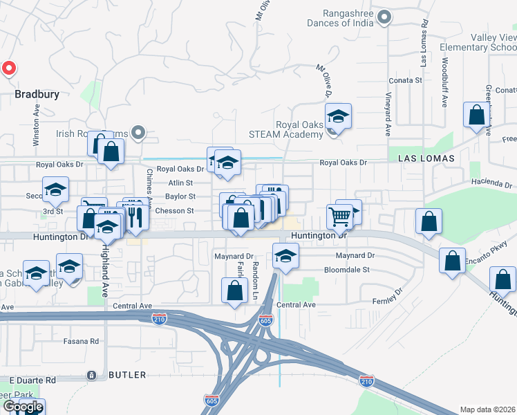 map of restaurants, bars, coffee shops, grocery stores, and more near 868 Random Lane in Duarte