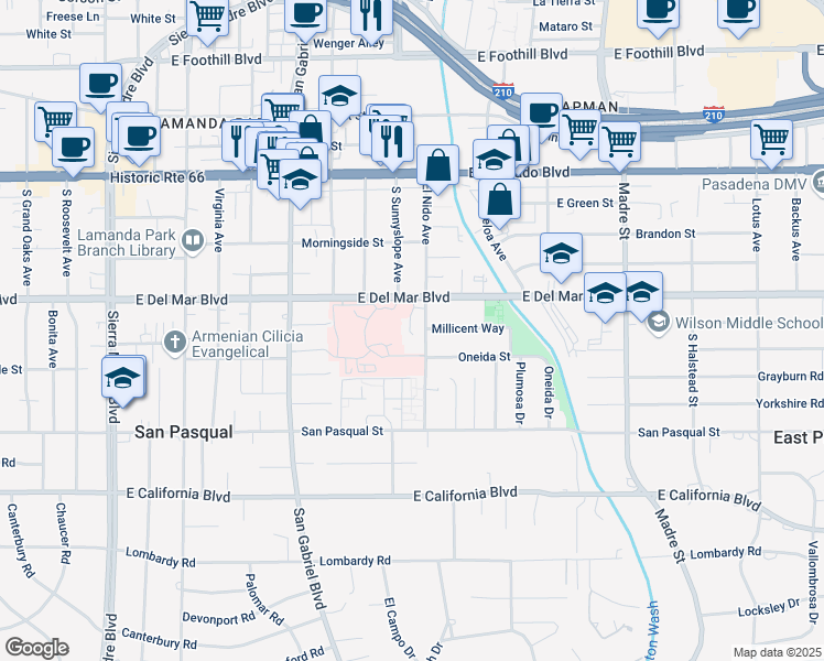 map of restaurants, bars, coffee shops, grocery stores, and more near 2956 East Del Mar Boulevard in Pasadena