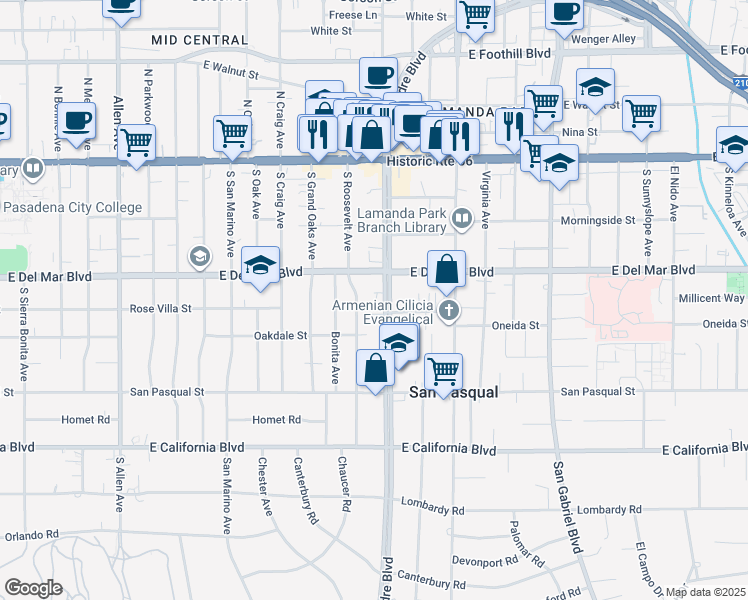 map of restaurants, bars, coffee shops, grocery stores, and more near 270 South Roosevelt Avenue in Pasadena