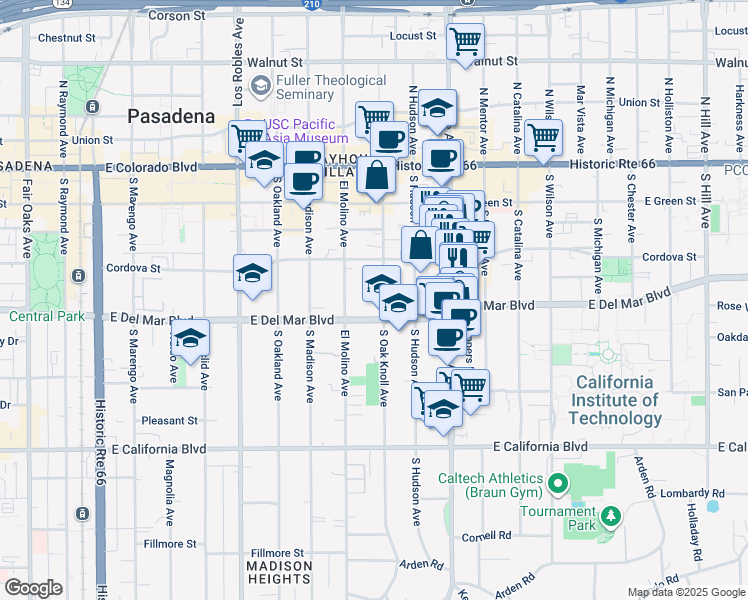map of restaurants, bars, coffee shops, grocery stores, and more near 255 South Oak Knoll Avenue in Pasadena