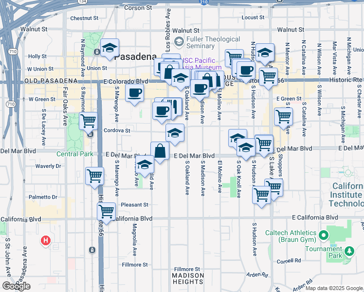 map of restaurants, bars, coffee shops, grocery stores, and more near 255 South Oakland Avenue in Pasadena
