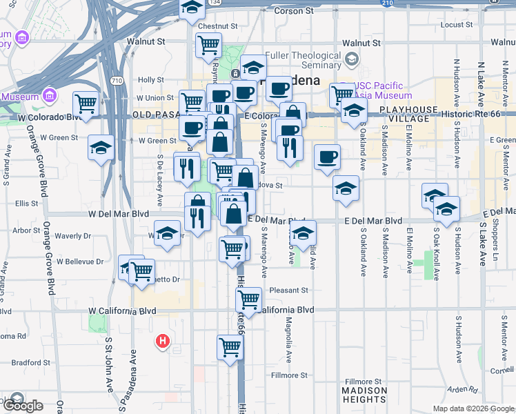 map of restaurants, bars, coffee shops, grocery stores, and more near 243 South Marengo Avenue in Pasadena