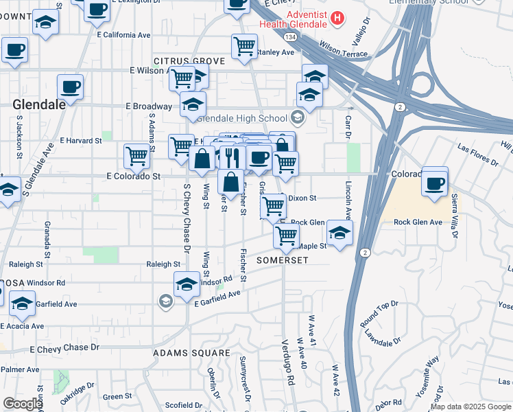 map of restaurants, bars, coffee shops, grocery stores, and more near 400 Fischer Street in Glendale