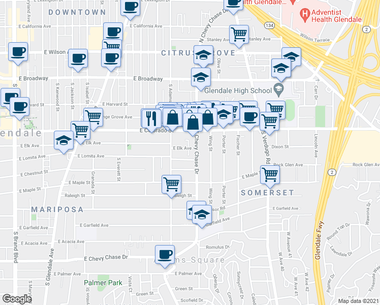 map of restaurants, bars, coffee shops, grocery stores, and more near 1131 East Elk Avenue in Glendale