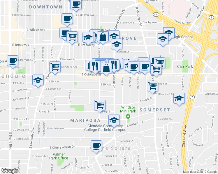 map of restaurants, bars, coffee shops, grocery stores, and more near 1131 East Elk Avenue in Glendale