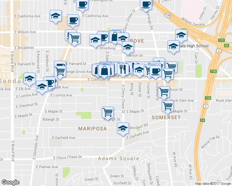 map of restaurants, bars, coffee shops, grocery stores, and more near 1131 East Elk Avenue in Glendale