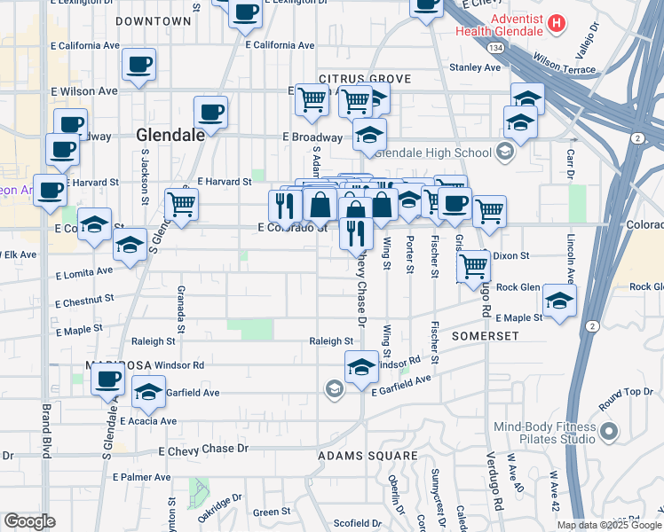 map of restaurants, bars, coffee shops, grocery stores, and more near 1131 East Elk Avenue in Glendale