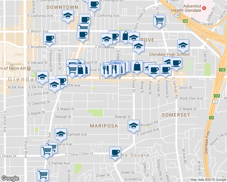 map of restaurants, bars, coffee shops, grocery stores, and more near 401 South Adams Street in Glendale
