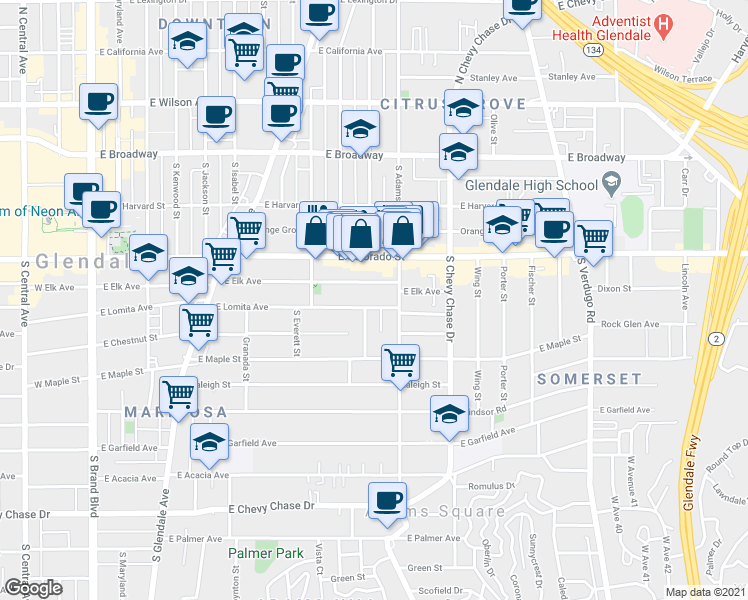 map of restaurants, bars, coffee shops, grocery stores, and more near 910 East Elk Avenue in Glendale