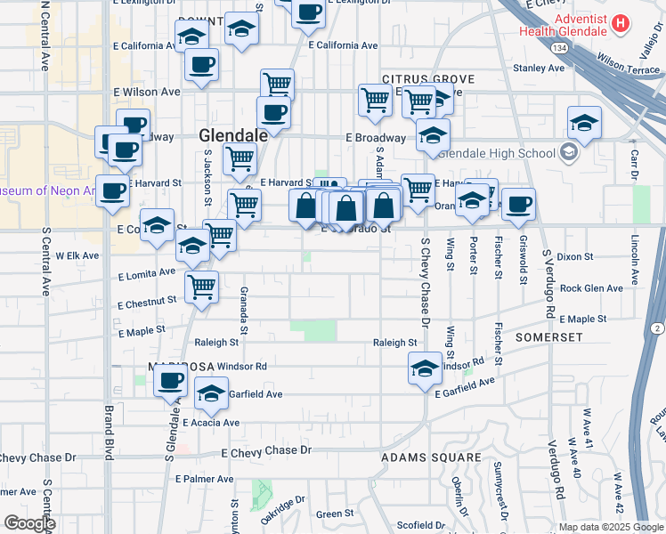 map of restaurants, bars, coffee shops, grocery stores, and more near 910 East Elk Avenue in Glendale