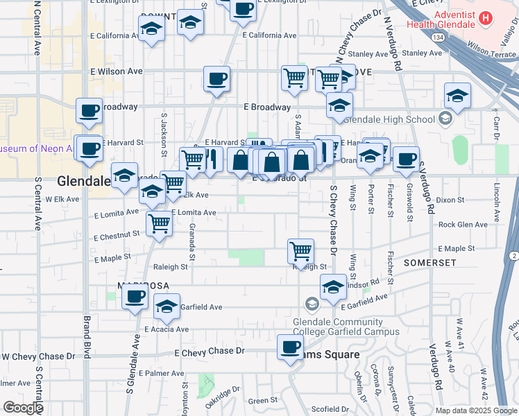 map of restaurants, bars, coffee shops, grocery stores, and more near 910 East Elk Avenue in Glendale