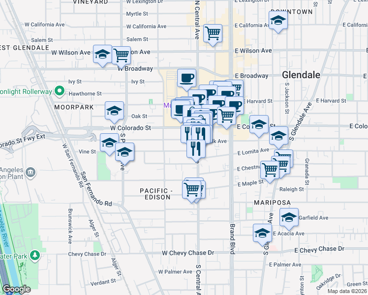 map of restaurants, bars, coffee shops, grocery stores, and more near 403 South Central Avenue in Glendale