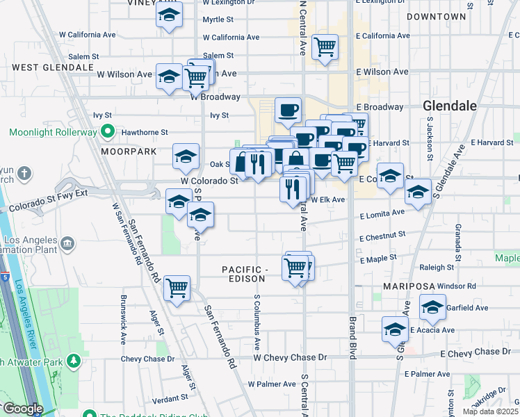 map of restaurants, bars, coffee shops, grocery stores, and more near 350 West Elk Avenue in Glendale
