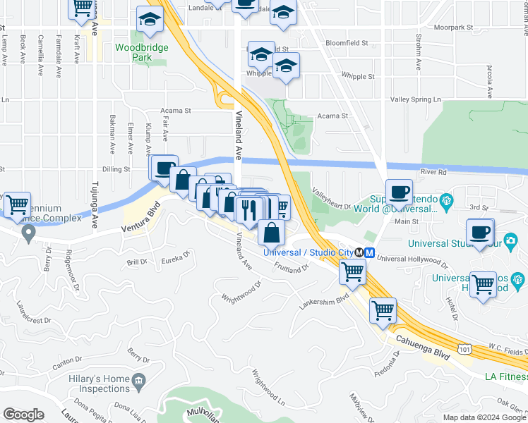 map of restaurants, bars, coffee shops, grocery stores, and more near 10925 Bluffside Drive in Los Angeles