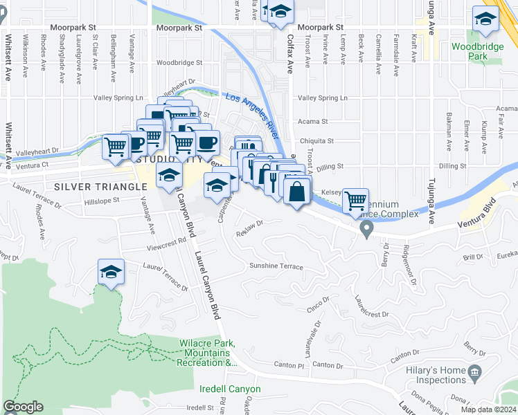 map of restaurants, bars, coffee shops, grocery stores, and more near 11730 Ventura Boulevard in Los Angeles