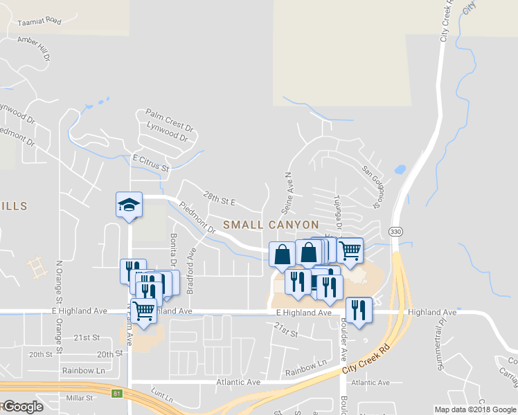 map of restaurants, bars, coffee shops, grocery stores, and more near 2804 La Praix Street in Highland