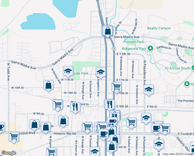 map of restaurants, bars, coffee shops, grocery stores, and more near 307 West 11th Street in Azusa