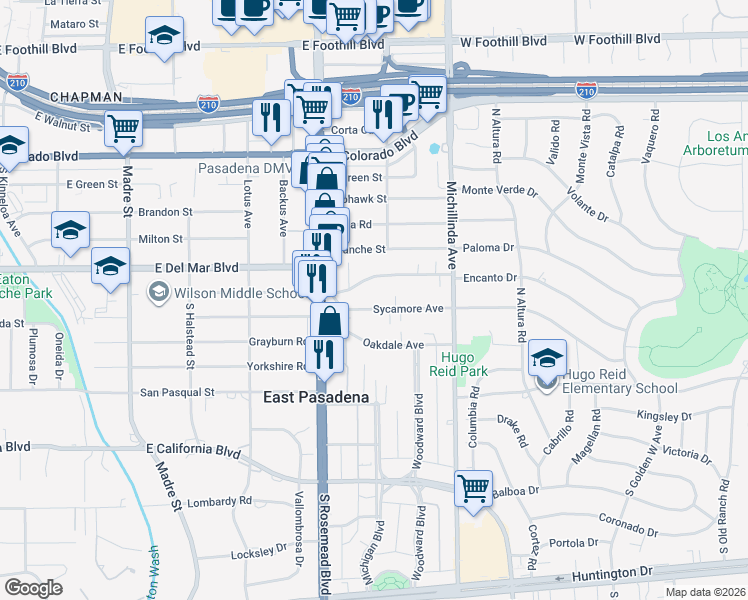 map of restaurants, bars, coffee shops, grocery stores, and more near 3780 Mountain View Avenue in Pasadena