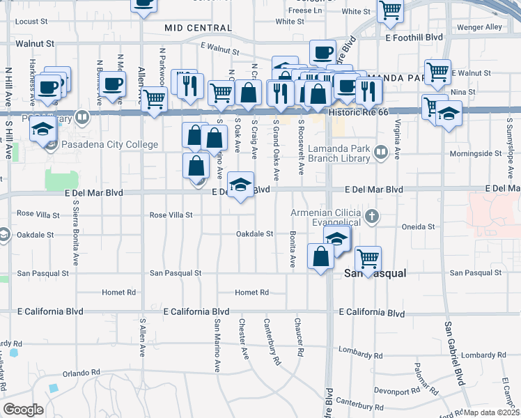 map of restaurants, bars, coffee shops, grocery stores, and more near 265 South Grand Oaks Avenue in Pasadena