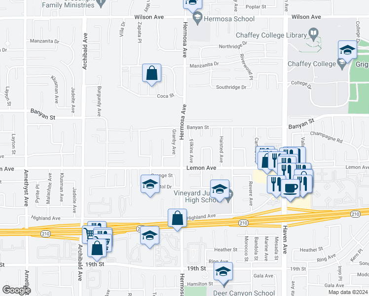 map of restaurants, bars, coffee shops, grocery stores, and more near 6220 Filkins Avenue in Rancho Cucamonga