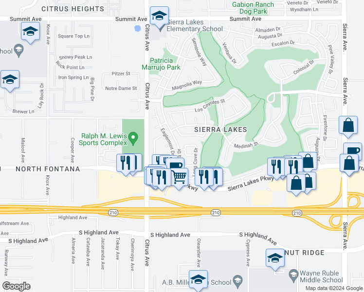map of restaurants, bars, coffee shops, grocery stores, and more near 6216 Black Wolf Way in Fontana