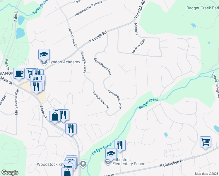 map of restaurants, bars, coffee shops, grocery stores, and more near 139 Springwater Trce in Woodstock