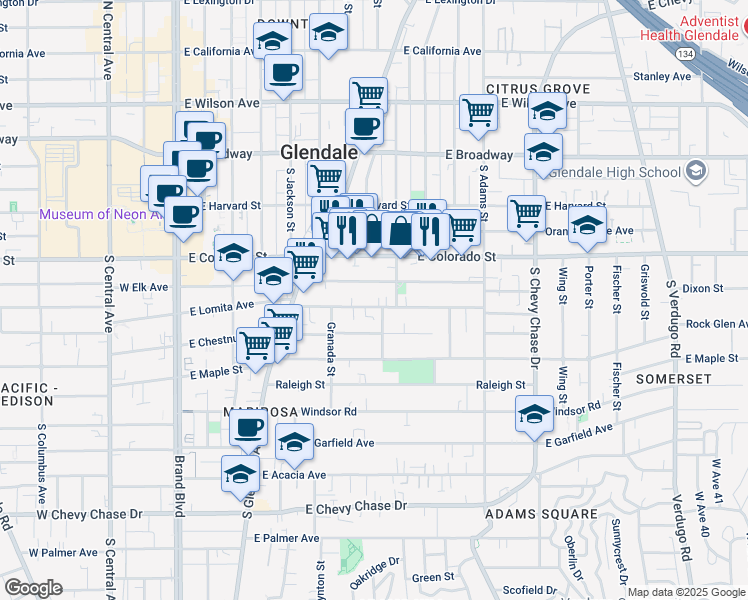 map of restaurants, bars, coffee shops, grocery stores, and more near 703 East Lomita Avenue in Glendale