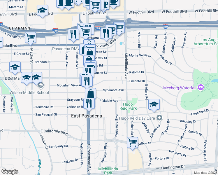map of restaurants, bars, coffee shops, grocery stores, and more near 3815 Sycamore Avenue in Pasadena