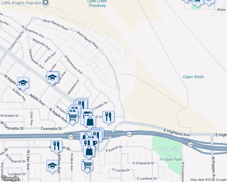 map of restaurants, bars, coffee shops, grocery stores, and more near 2257 North Sycamore Avenue in Rialto
