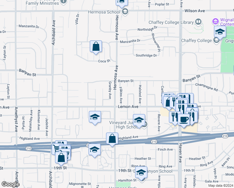 map of restaurants, bars, coffee shops, grocery stores, and more near 6220 Filkins Avenue in Rancho Cucamonga