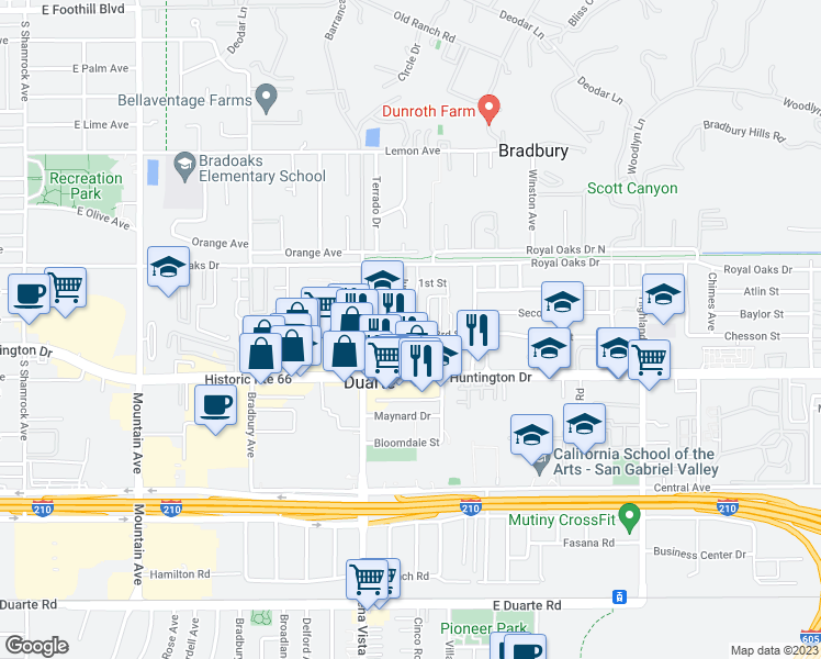 map of restaurants, bars, coffee shops, grocery stores, and more near 1367 3rd Street in Duarte