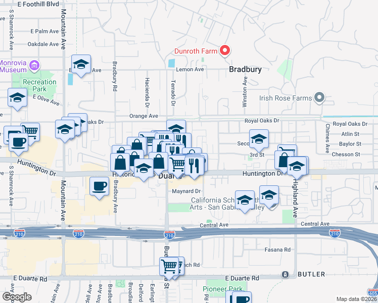 map of restaurants, bars, coffee shops, grocery stores, and more near 1367 3rd Street in Duarte