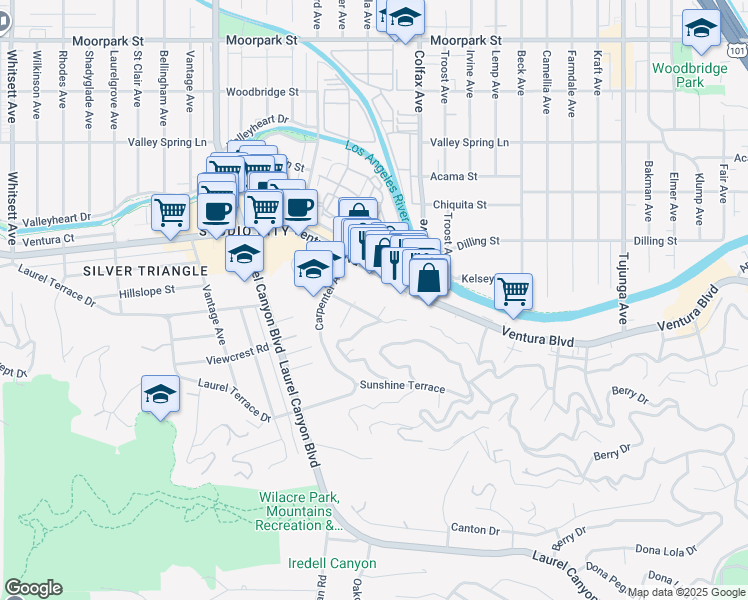 map of restaurants, bars, coffee shops, grocery stores, and more near 11815 Laurelwood Drive in Los Angeles