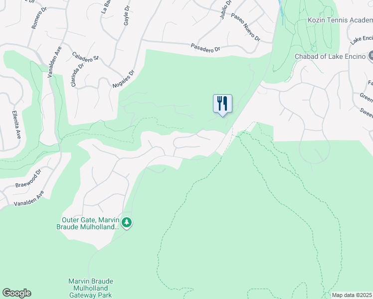 map of restaurants, bars, coffee shops, grocery stores, and more near 18917 West Carmel Crest Drive in Los Angeles