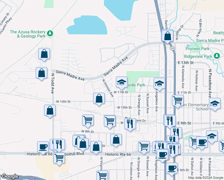 map of restaurants, bars, coffee shops, grocery stores, and more near in Azusa