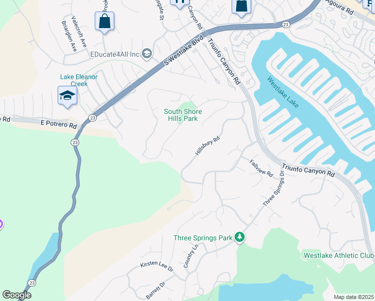 map of restaurants, bars, coffee shops, grocery stores, and more near 2117 Hillsbury Road in Westlake Village