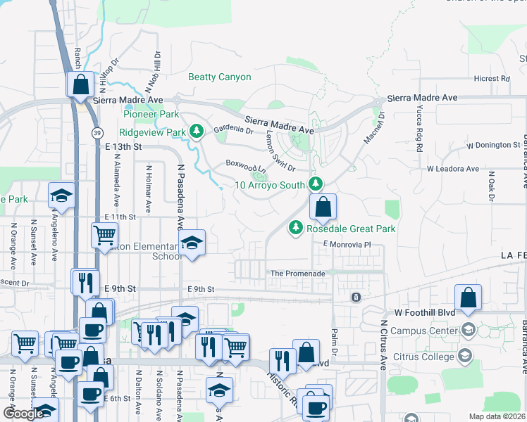 map of restaurants, bars, coffee shops, grocery stores, and more near in Azusa